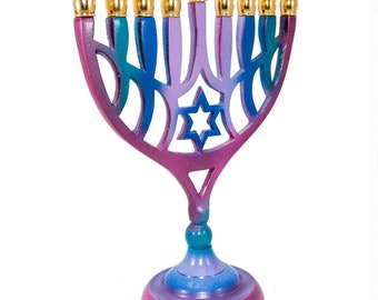 Personalized Classic Star Of David CHANUKIA Multi Color Shades Hanukkah Menorah 9 Inch Hand Painted hANUKIA Candle Stand Israel Gift