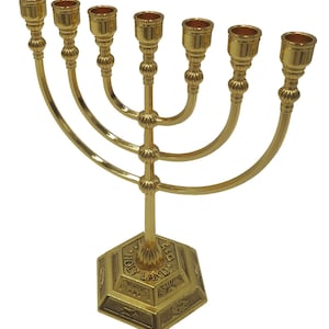 14K Gold Plating SEVEN BRANCH MENORAH With Israel Twelve Tribes 7 Inch Height Cande Holder