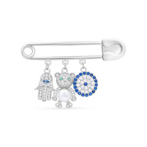 PERSONALIZED Silber 925 und Swarovski-Steinen Evil Eye BABY Sicherheitsnadel & Segen-Karte mit Kabbalah Anhänger: Hamsa, Bär, Augengeschenk