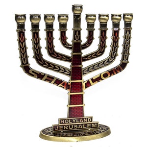 Bronze & Red Enamel Israel 9 Branch Kenesset CHANUKIA Hanukkah Hanukia Menorah With Israel Symbolsmenorahs for chanukah image 1