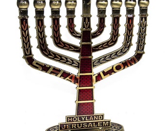 Bronze & Red Enamel Israel 9 Branch Kenesset CHANUKIA Hanukkah Hanukia Menorah With Israel Symbolsmenorahs for chanukah