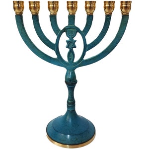 Personalized Antique Replica GRAFTED IN MESSIANIC Copper Patena 8 Inch Height Israel Menorah Seven Branch Candle Holder + Your Engraving