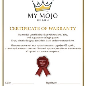 May include: Certificate of warranty for a silver pendant or ring. The certificate states that the piece is made in Israel with a guarantee of high quality. The certificate has a red seal with the words "Original Silver 925".