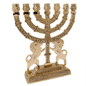 Custom Engraved Brass Copper Antique Replica 9 Inch / 23 cm Heigh Seven Branches Menorah With LION OF JUDAH Candle Holder + Your Engraving