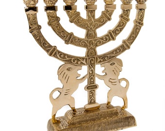 Custom Engraved Brass Copper Antique Replica 9 Inch / 23 cm Heigh Seven Branches Menorah With LION OF JUDAH Candle Holder + Your Engraving