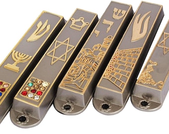 Set Of 5 Vintage Pewter Choshen Crown Door Mezuzah  From Jerusalem: Menorah, Western Wall, Star Of David, Shadai, Menorah , Ephod Choshen