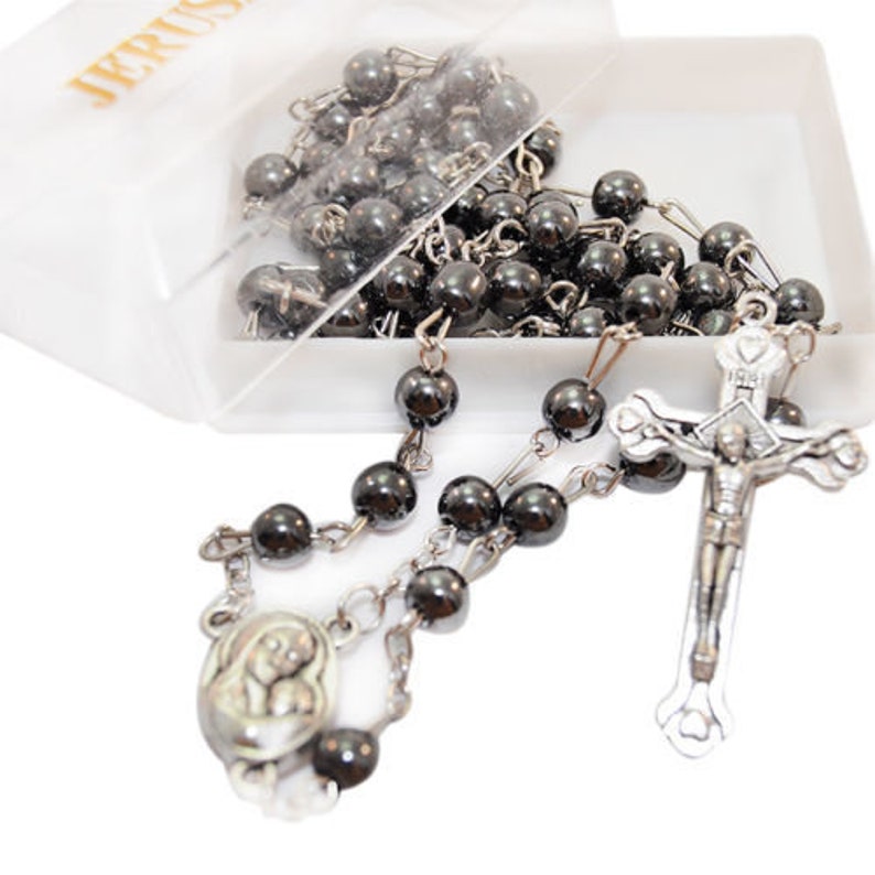 Genuine HEMETITE STONE ROSARY Beads Blessed From The Holy Sepulchre With Soil From Jerusalem - Holy Land Blessings image 3