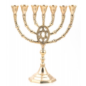 Custom Engraved Brass Copper 10 Inch / 25 cm Height Massive Seven Branches With Star Of David Authentic Menorah Vintage Israel Candle Holder