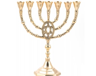 Custom Engraved Brass Copper 10 Inch / 25 cm Height Massive Seven Branches With Star Of David Authentic Menorah Vintage Israel Candle Holder