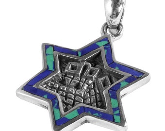 Collier personnalisé en argent 925 et véritable pierre d'EILAT d'Israël étoile de David / Magen David avec panorama de Jérusalem Israël cadeau