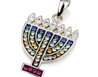 Silver 925 Rainbow Swarovski Stones MENORAH Pendant Necklace + Your Personal Engraving