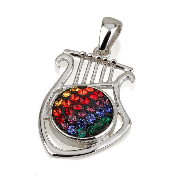 Silver 925 KING DAVID HARP With Multi Color Swarovski Stones Pendant From Jerusalem - Rainbow Judaica Israel Gift