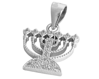 Srebrny naszyjnik z zawieszką MENORAH 925 i cyrkoniami, Israel Judaica, zawieszka na świecznik z 7 gałęziami, prezent + łańcuszek