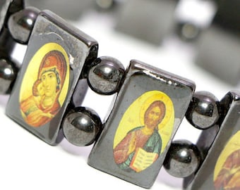 Bracelet béni en pierre d'hémétite véritable avec icônes sacrées chrétiennes orthodoxes Bracelet béni de Jérusalem cadeau Terre sainte + texte personnel gratuit