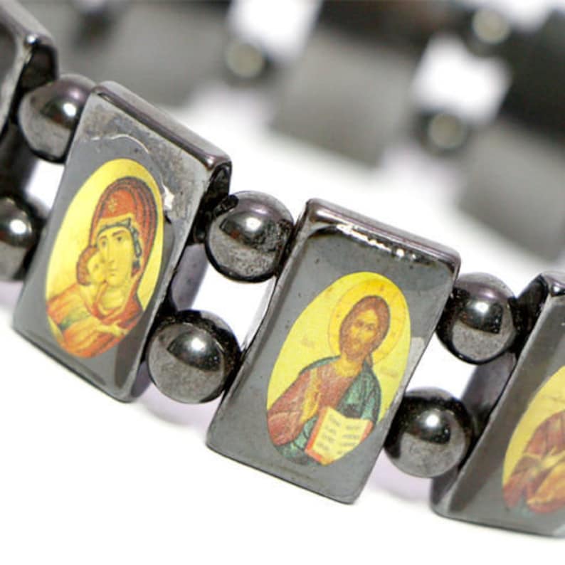 Genuine HEMETITE STONE Blessed Bracelet With Orthodox Christian Holy Icons Jerusalem Blessed Bracelet Holy Land Gift + FREE Personal Text image 1
