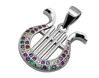 Silver 925 KING DAVID HARP Judaica Pendant Necklace Jewish Jewelry Israel Gift - In Multiple Colors