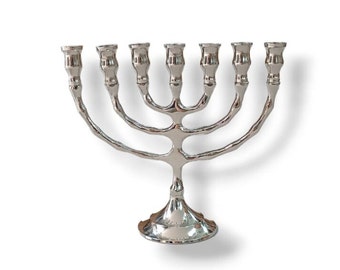 Custom Engraved White Copper / Silver SEVEN BRANCH MENORAH Classic Shape 7 Inch Or 5 Inch Israel Vintage 7 Branches Candle Holder