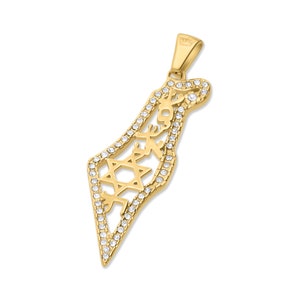 Grand pendentif carte du territoire d'Israël avec lettres hébraïques AM ISRAEL CHAI étoile de David, plaqué or 18 carats et zircons Magen David