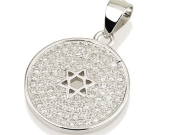 Sterling Silver Round Pendant Of Jewish Star Of David / Magen David With Cubic Zircons -  Judaica Gift Of Israel Collection Judaica Gift