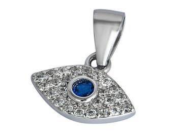 May include: A silver pendant in the shape of an eye with a blue center stone and surrounded by smaller white stones.