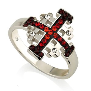 Silver 925 JERUSALEM CROSS Red Swarovski Stones Hand Made Ring From Jerusalem
