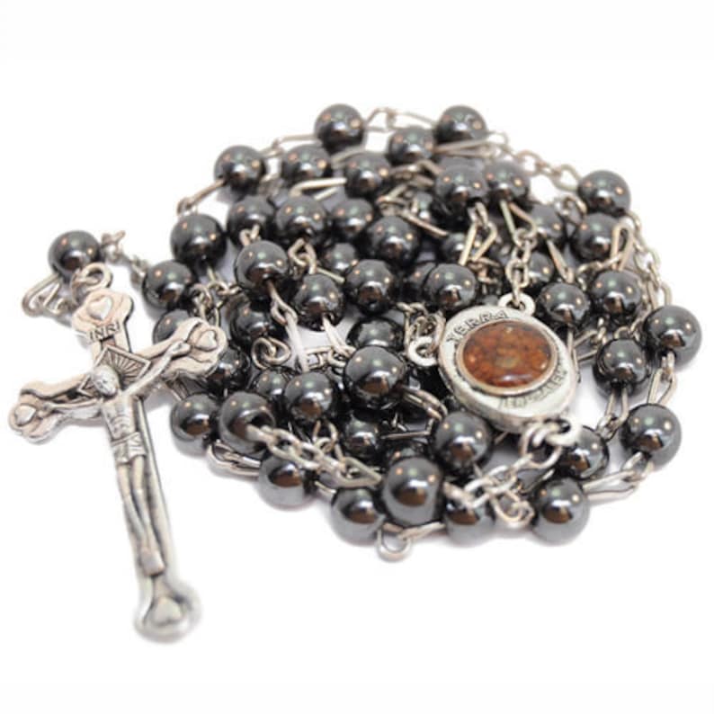 Genuine HEMETITE STONE ROSARY Beads Blessed From The Holy Sepulchre With Soil From Jerusalem - Holy Land Blessings image 1