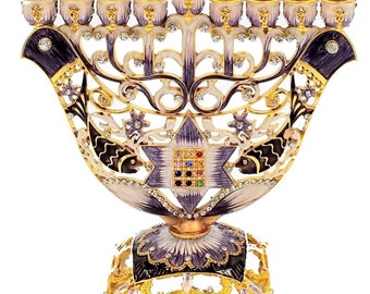 14K Gold & Enamel With Zircons NINE BRANCH CHANUKIA Two Doves / Hoshen / Star Of David Hanukkah Menorah Hanukia Israel Gift Art