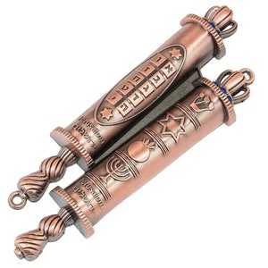 May include: Two decorative metal scrolls with Hebrew text, a Star of David, a menorah, and a pomegranate. The scrolls are copper-colored and have blue accents.