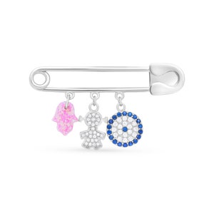 GEPERSONALISEERDE zilveren 925 en Swarovski-steen boze oog veiligheidsspeld babymeisje en zegenkaart met kabbala-hangers: hamsa opaal, oog, babycadeau