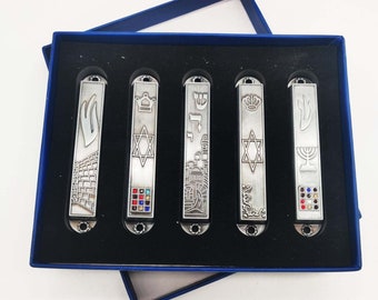 Set Of 5 Vintage Antique Pewter Door Mezuzah From Jerusalem: Menorah, Western Wall, Star Of David, Shadai, Menorah , Hoshen Lot