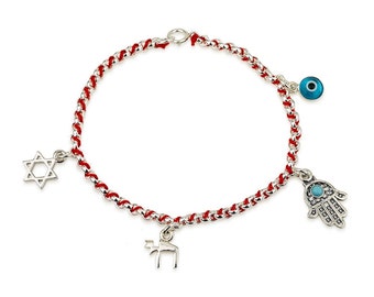 Red Wool Thread String Bracelet With 4 Jewish Judaica Silver 925 Pendant Art Kabbalah Charms: Evil Eye, Chai, Star Of David, Hand Hamsa