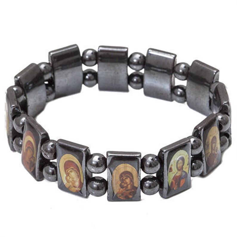 Genuine HEMETITE STONE Blessed Bracelet With Orthodox Christian Holy Icons Jerusalem Blessed Bracelet Holy Land Gift + FREE Personal Text image 3