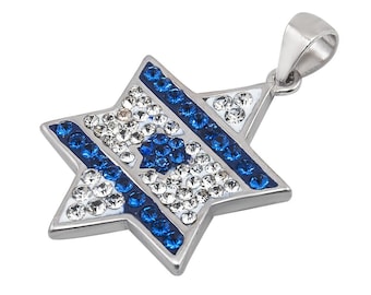 May include: A silver pendant in the shape of a Star of David, with blue and white enamel and clear crystals. The pendant is designed to look like the Israeli flag.