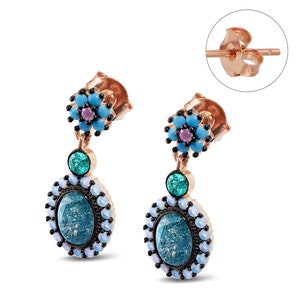 Silver 925 Fully Hand Made Pair Of Earrings With 14K Rose Gold Plating & Inlay With Natural Stones: Labradorite, Turquoise, Rose Quartz
