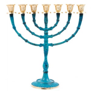 Custom Engraved Patena / Brass / Antique Brass SEVEN BRANCH MENORAH 12 Inch / 30 cm 7 Branches Vintage Massive Large Israel Candle Holder