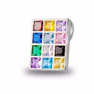 May include: A silver pendant with a square design featuring 16 colourful square-shaped gemstones. The pendant has a loop at the top for attaching to a chain.