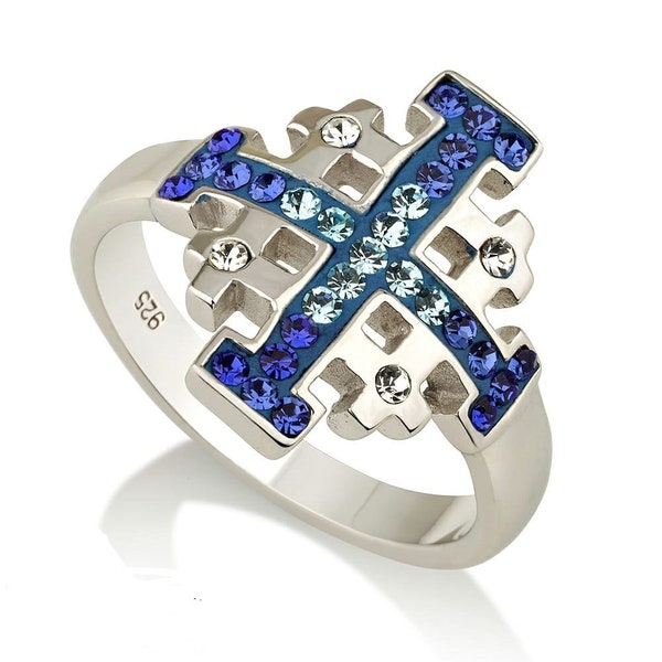 Silver 925 JERUSALEM CROSS Blue Swarovski Stones Hand Made Ring From Jerusalem