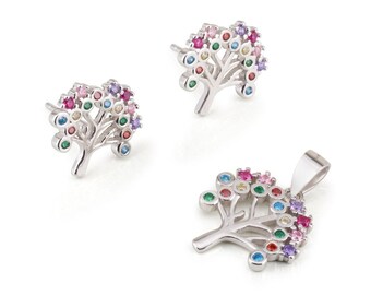 Ensemble collier et boucles d'oreilles multicolore arbre de vie symbole de croissance et de force en argent 925 - Cadeau spirituel Judaica