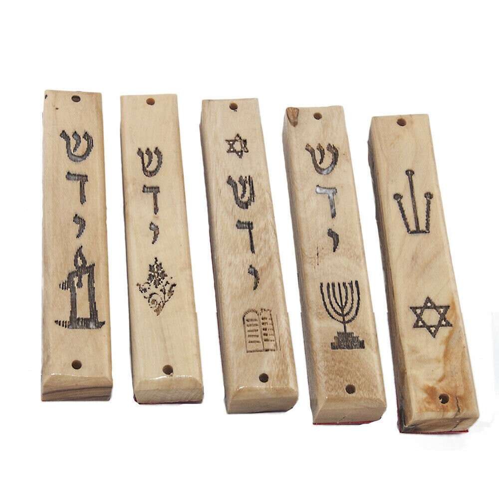 5er Set Olivenholz Tür Mesusa Aus Jerusalem: Menora, Tora, Davidstern, Shadai, Zehn Gebote Mesusa Pack Geschenk Lot