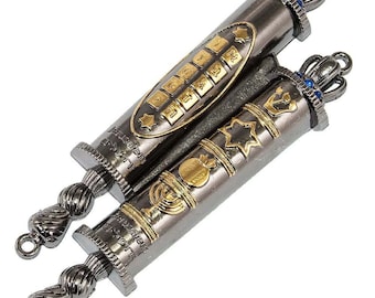 Black & Gold Tora Tür-Mesusa mit Israel Symbolen: Shadai, Zehn Gebote, Menora, Davidstern, Granatapfel + Ihre persönliche Gravur