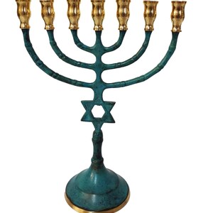 Custom Engraved ANTIQUE COPPER MENORAH 8 Inch Height Patena Menorah Seven Branch Candle Holder With Jewish Star Of David + Your Engraving