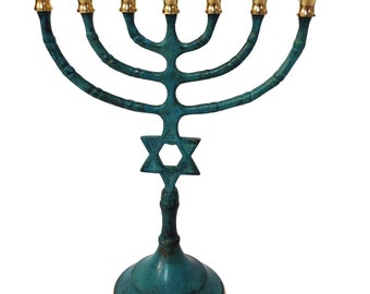 Custom Engraved ANTIQUE COPPER MENORAH 8 Inch Height Patena Menorah Seven Branch Candle Holder With Jewish Star Of David + Your Engraving