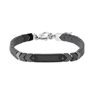 Custom Engraved S. Steel & Carbon Fiber Bracelet Wrist Band Cuff Bracelet With Hematite Stone And Judaica Prayer / Blessing
