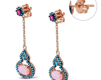 Silver 925 Fully Hand Made Pair Of Earrings With 14K Rose Gold Plating & Inlay With Genuine Natural Stones: Ruby, Turquoise, Rose Quartz