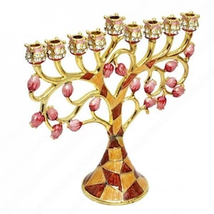 Gold Plated & Enamel 9 Branch POMEGRANATE TREE CHANUKIA Hanukkah Menorah Hanukia From Jerusalem Israel Artmenorahs for chanukah