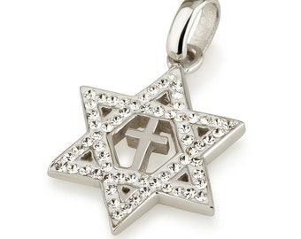 Silver 925 MESSIANIC SYMBOL Star of David & Cross With Clear Swarovski Stones Pendant Israel Gift Necklace From Jerusalem