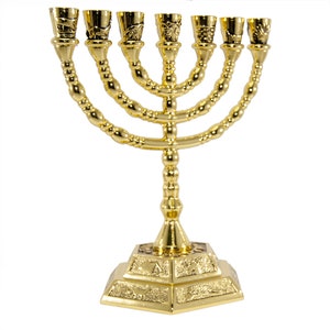 14K Gold Plating SEVEN BRANCH MENORAH With Israel Twelve Tribes 5 Inch Height Cande Holder Israel Gift