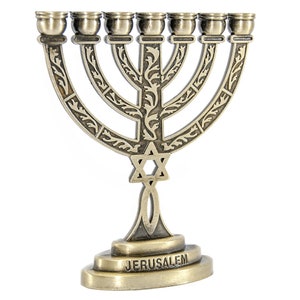 Custom Engraved Antique Replica 5 Inch Bronze Menorah With GRAFTED IN MESSIANIC Symbol Vintage Candle Holder Judaica Israel Gift