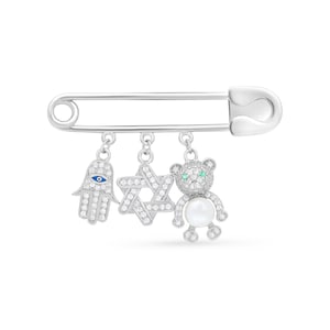 PERSONALIZED Silber 925 und Swarovski Stein Evil Eye BABY Sicherheitsnadel & Segen-Karte mit Kabbalah Anhänger: Hamsa, Bär, Davidstern Geschenk