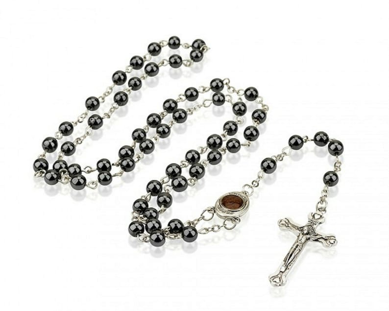 Genuine HEMETITE STONE ROSARY Beads Blessed From The Holy Sepulchre With Soil From Jerusalem - Holy Land Blessings image 2